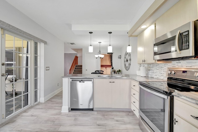 5201 Wheatley Ct, Boynton Beach, FL 33436 - kitchen with stainless steel appliances, a sink, a peninsula, tasteful backsplash, and light countertops