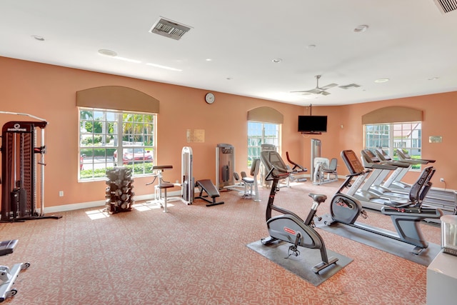 22831 Royal Crown Ter, Boca Raton, FL 33433 - workout area featuring plenty of natural light, baseboards, a ceiling fan, recessed lighting, and carpet floors