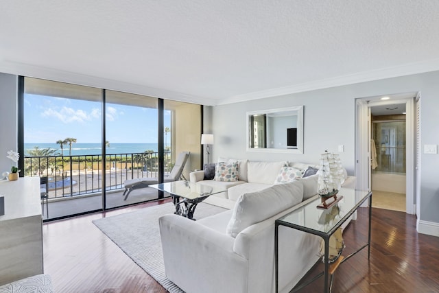 living room with expansive windows, wood finished floors, crown molding, a textured ceiling, and a water view