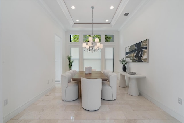 dining room featuring a chandelier, recessed lighting, baseboards, a raised ceiling, and crown molding