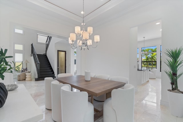 dining room featuring stairs, ornamental molding, a chandelier, recessed lighting, and light marble finish floors