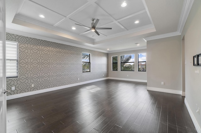 empty room with wallpapered walls, ceiling fan, baseboards, an accent wall, and dark wood-style flooring