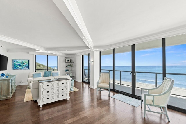 250 S Ocean Blvd Unit 2H, Boca Raton, FL 33432 - living area with wood finished floors, beam ceiling, baseboards, a water view, and crown molding