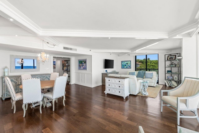 250 S Ocean Blvd Unit 2H, Boca Raton, FL 33432 - dining room with a chandelier, beamed ceiling, wood finished floors, crown molding, and baseboards