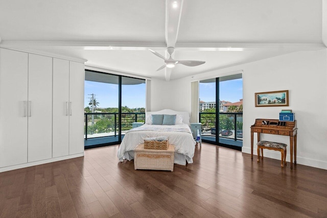 250 S Ocean Blvd Unit 2H, Boca Raton, FL 33432 - bedroom with access to outside, dark wood finished floors, beamed ceiling, floor to ceiling windows, and ceiling fan