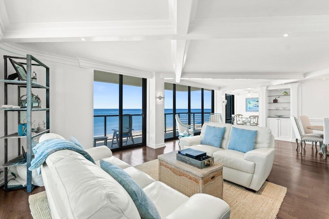 250 S Ocean Blvd Unit 2H, Boca Raton, FL 33432 - living area with beam ceiling, a water view, dark wood-type flooring, and crown molding