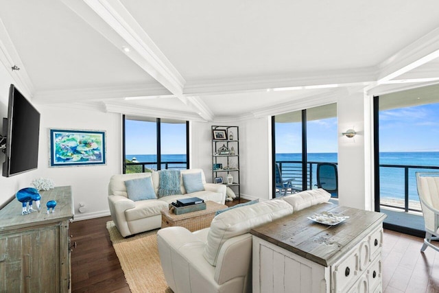 250 S Ocean Blvd Unit 2H, Boca Raton, FL 33432 - living room featuring a water view, wood finished floors, beamed ceiling, plenty of natural light, and crown molding