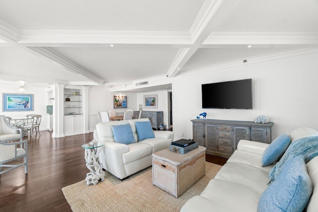 250 S Ocean Blvd Unit 2H, Boca Raton, FL 33432 - living room featuring beamed ceiling, wood finished floors, built in features, and crown molding