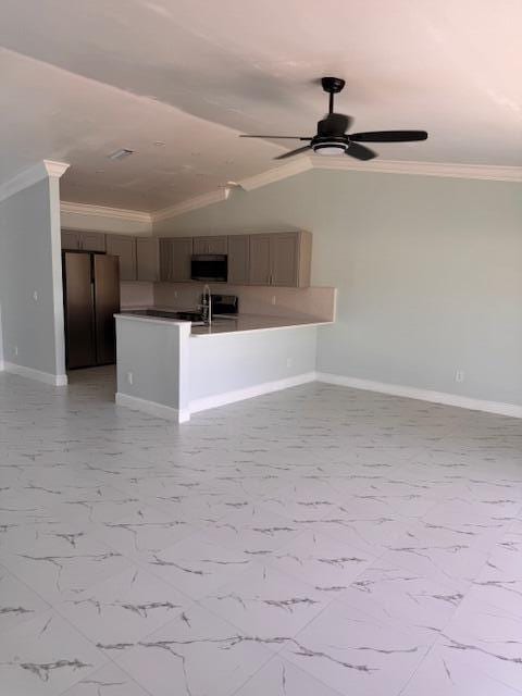 21 Walcott Dr, Boynton Beach, FL 33426 - unfurnished living room featuring ornamental molding, baseboards, ceiling fan, and light marble finish flooring