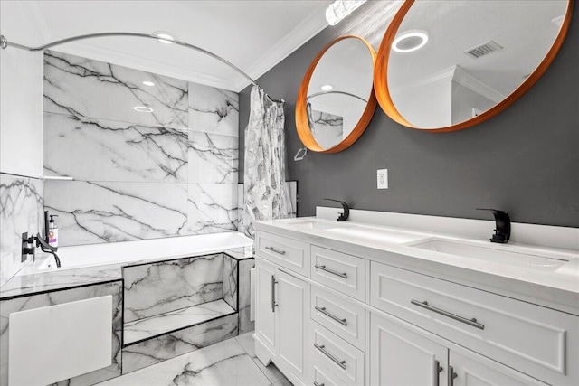 16931 N 78th Rd N, The Acreage, FL 33470 - bathroom with crown molding, marble look tiles, double vanity, and a combined bath / shower with marble appearance