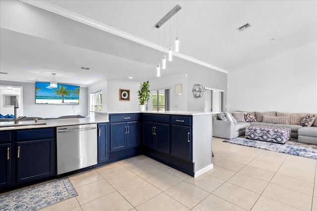 16931 N 78th Rd N, The Acreage, FL 33470 - kitchen featuring dishwasher, open floor plan, light tile patterned flooring, ornamental molding, and blue cabinetry