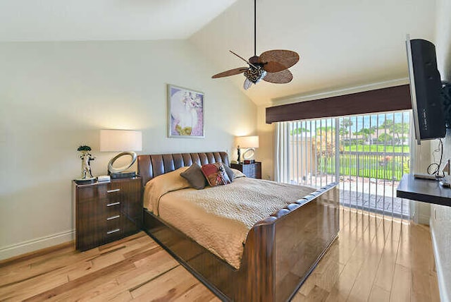 150 Beach Summit Ct, Jupiter, FL 33477 - bedroom featuring access to exterior, light wood-type flooring, vaulted ceiling, baseboards, and ceiling fan