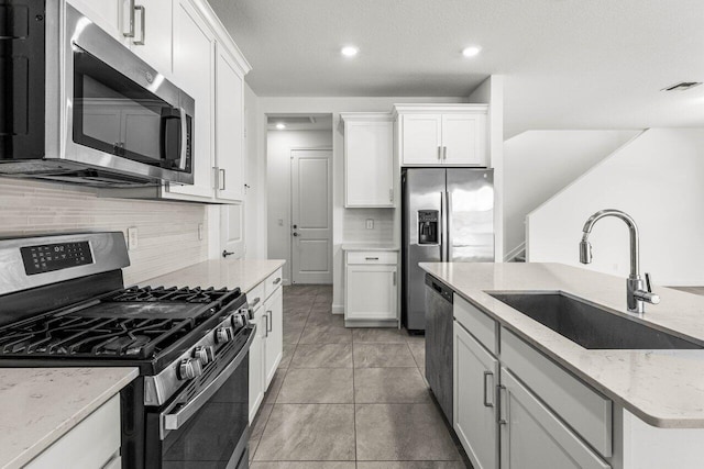 19659 Rugged Trunk Trl, Loxahatchee, FL 33470 - kitchen with stainless steel appliances, a sink, tasteful backsplash, white cabinetry, and recessed lighting