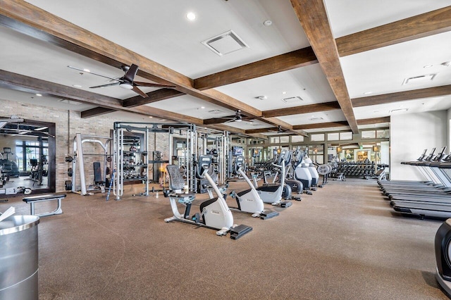 19659 Rugged Trunk Trl, Loxahatchee, FL 33470 - gym with a ceiling fan, beamed ceiling, coffered ceiling, and recessed lighting