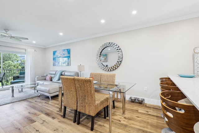 200 E Royal Palm Rd Unit 3040, Boca Raton, FL 33432 - dining space with ornamental molding, light wood finished floors, ceiling fan, and recessed lighting