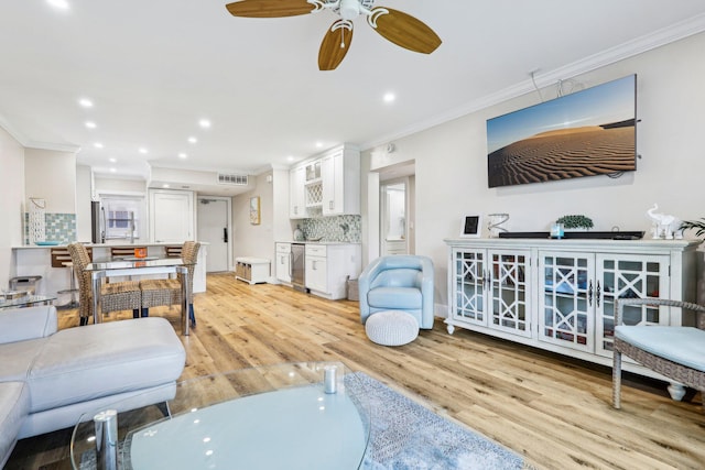 200 E Royal Palm Rd Unit 3040, Boca Raton, FL 33432 - living area featuring crown molding, light wood finished floors, wine cooler, ceiling fan, and recessed lighting
