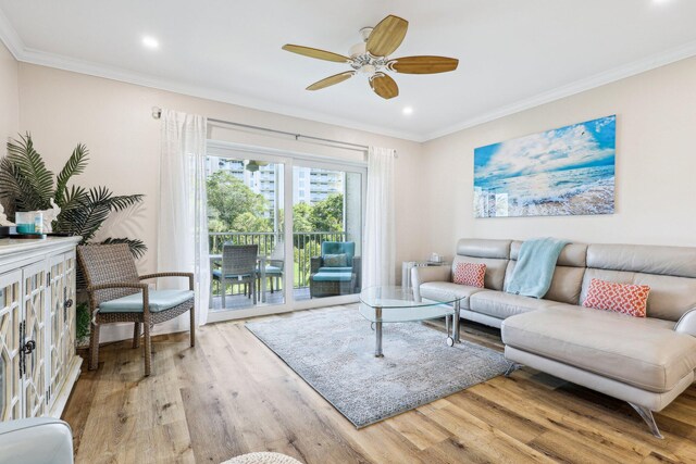 200 E Royal Palm Rd Unit 3040, Boca Raton, FL 33432 - living area with wood finished floors, ornamental molding, a ceiling fan, and recessed lighting