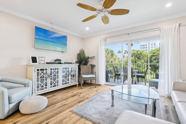 200 E Royal Palm Rd Unit 3040, Boca Raton, FL 33432 - living area featuring wood finished floors, crown molding, a ceiling fan, and recessed lighting