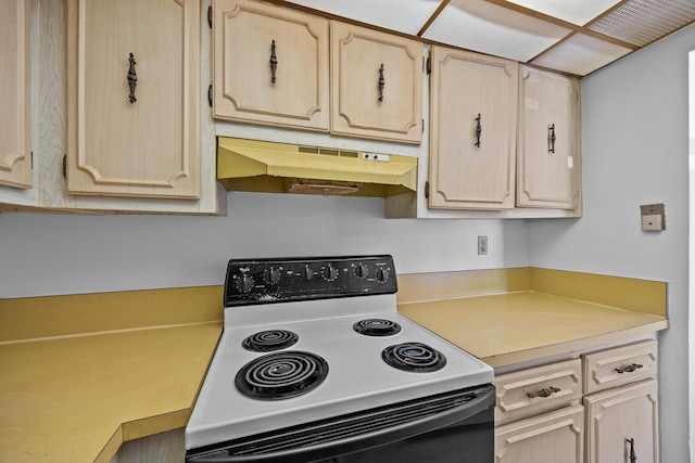 300 NW 30th Ct Unit 202, Pompano Beach, FL 33064 - kitchen with range with electric stovetop, under cabinet range hood, light brown cabinetry, and light countertops