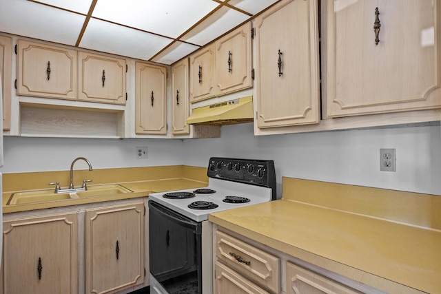 300 NW 30th Ct Unit 202, Pompano Beach, FL 33064 - kitchen featuring electric range, under cabinet range hood, a sink, and light brown cabinets