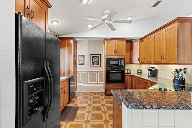 15180 69th Dr N, Palm Beach Gardens, FL 33418 - kitchen featuring black appliances, vaulted ceiling, brown cabinets, a ceiling fan, and backsplash