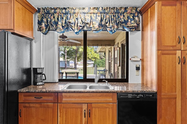 15180 69th Dr N, Palm Beach Gardens, FL 33418 - kitchen with black appliances, a textured ceiling, brown cabinets, ceiling fan, and a sink
