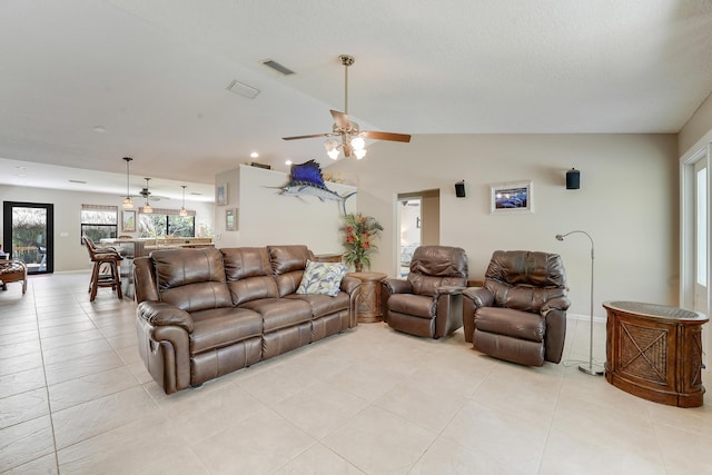 11195 N 159th Ct N, Jupiter, FL 33478 - living room with vaulted ceiling, a ceiling fan, and light tile patterned floors