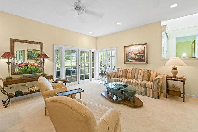 17187 Bay St, Jupiter, FL 33477 - carpeted living area featuring a ceiling fan and recessed lighting