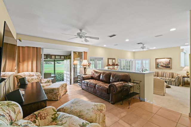17187 Bay St, Jupiter, FL 33477 - living area with ceiling fan, light tile patterned flooring, french doors, and recessed lighting