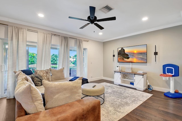 4838 Palmbrooke Cir, West Palm Beach, FL 33417 - living room with baseboards, ornamental molding, a ceiling fan, dark wood-style flooring, and recessed lighting