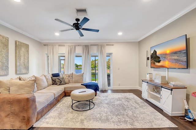 4838 Palmbrooke Cir, West Palm Beach, FL 33417 - living area with ornamental molding, dark wood-style floors, recessed lighting, a ceiling fan, and baseboards