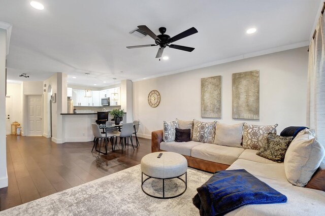 4838 Palmbrooke Cir, West Palm Beach, FL 33417 - living room with recessed lighting, wood finished floors, ceiling fan, ornamental molding, and baseboards