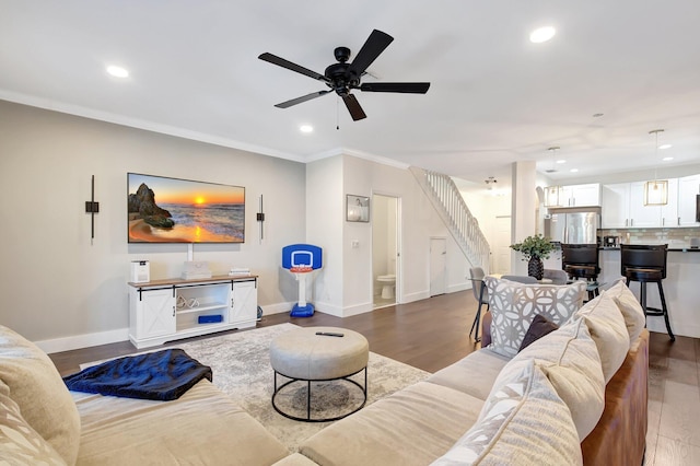 4838 Palmbrooke Cir, West Palm Beach, FL 33417 - living room featuring stairway, recessed lighting, baseboards, wood finished floors, and ornamental molding
