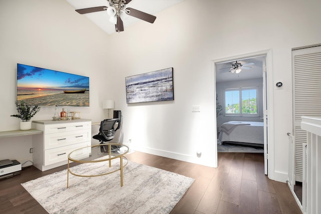 4838 Palmbrooke Cir, West Palm Beach, FL 33417 - home office with ceiling fan, dark wood finished floors, baseboards, and a high ceiling