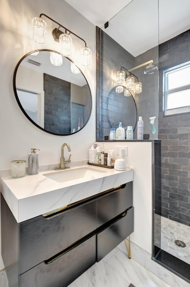 4838 Palmbrooke Cir, West Palm Beach, FL 33417 - full bathroom featuring walk in shower, vanity, marble finish floors, and a chandelier