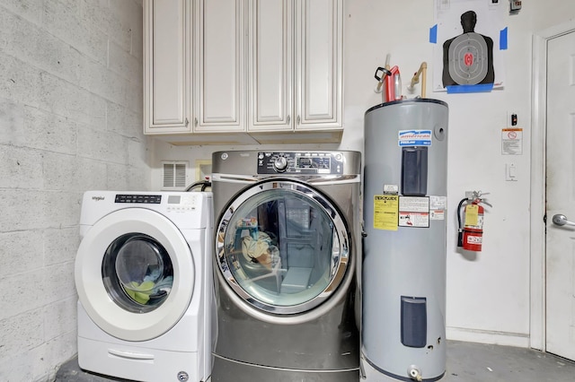 4838 Palmbrooke Cir, West Palm Beach, FL 33417 - laundry area with water heater, cabinet space, washer and dryer, and concrete block wall