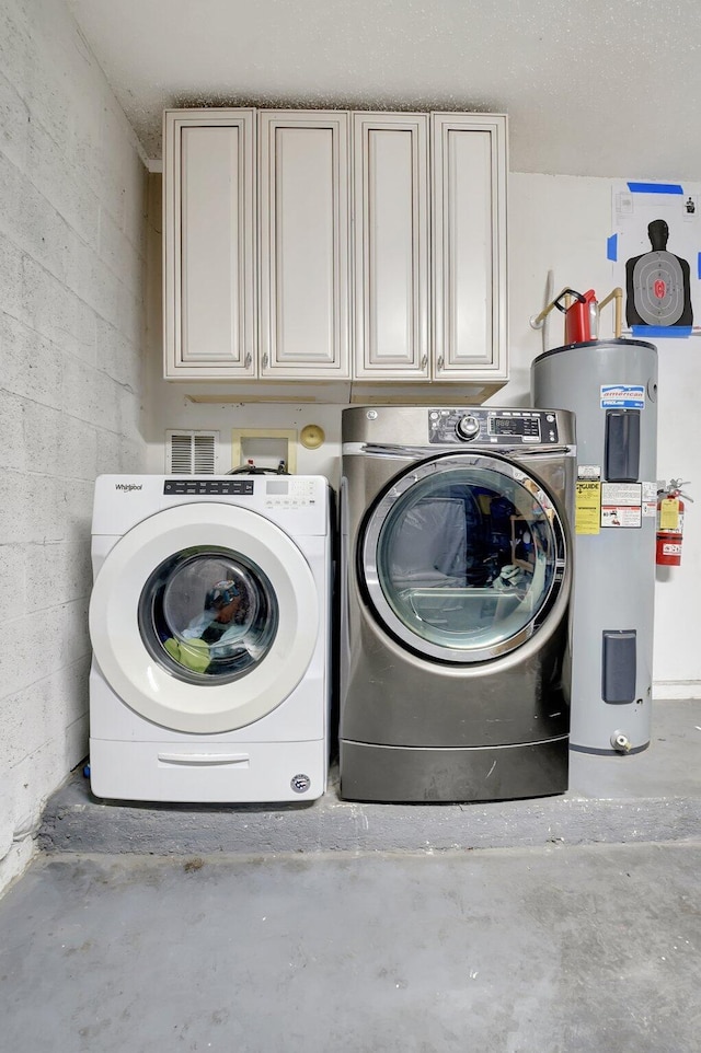 4838 Palmbrooke Cir, West Palm Beach, FL 33417 - clothes washing area featuring electric water heater, cabinet space, washer and clothes dryer, and concrete block wall