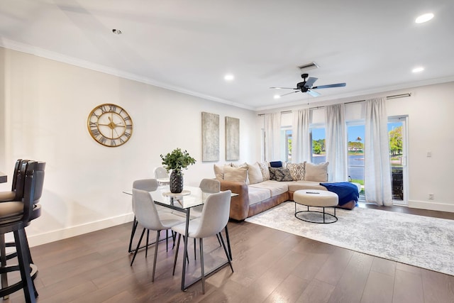 4838 Palmbrooke Cir, West Palm Beach, FL 33417 - dining room featuring dark wood-style flooring, crown molding, baseboards, recessed lighting, and ceiling fan