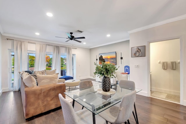4838 Palmbrooke Cir, West Palm Beach, FL 33417 - dining area with crown molding, ceiling fan, dark wood-style flooring, baseboards, and recessed lighting