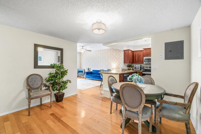 55 SW 2nd Ave Unit 405G, Boca Raton, FL 33432 - dining space featuring electric panel, a textured ceiling, light wood-type flooring, ceiling fan, and baseboards