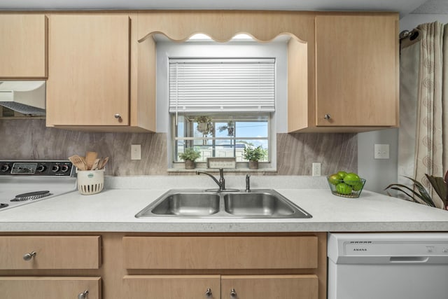 251 Grape Rd NW, Lake Placid, FL 33852 - kitchen with white dishwasher, a sink, ventilation hood, light brown cabinets, and light countertops