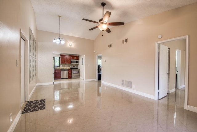 50 SE 12th St Unit 2640, Boca Raton, FL 33432 - unfurnished living room featuring a ceiling fan, vaulted ceiling, baseboards, a chandelier, and a textured ceiling