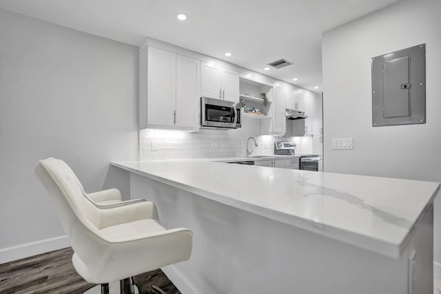 kitchen featuring appliances with stainless steel finishes, electric panel, under cabinet range hood, open shelves, and backsplash