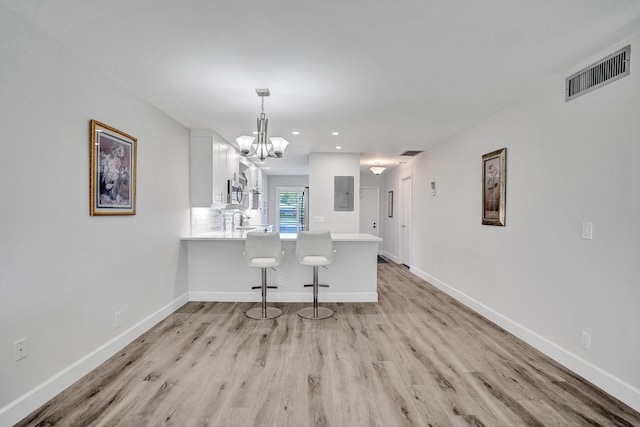 kitchen featuring electric panel, a peninsula, light countertops, light wood-type flooring, and white cabinets
