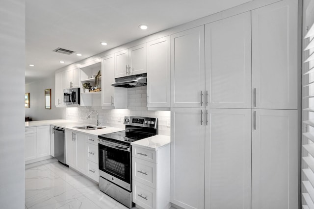 kitchen with open shelves, stainless steel appliances, a sink, under cabinet range hood, and light marble finish floors