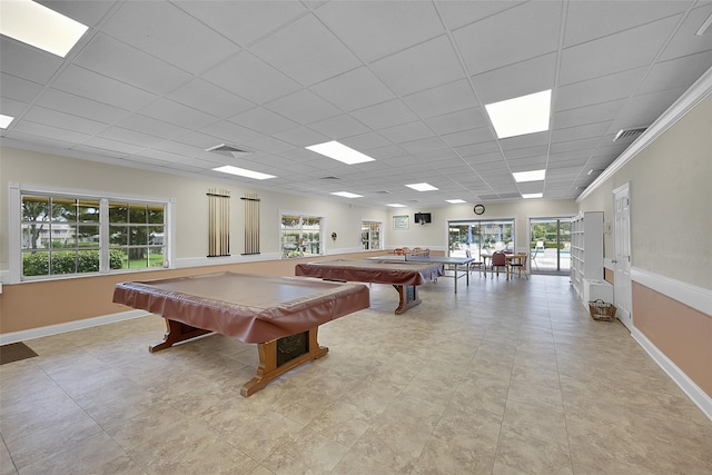 game room with a drop ceiling, baseboards, and pool table