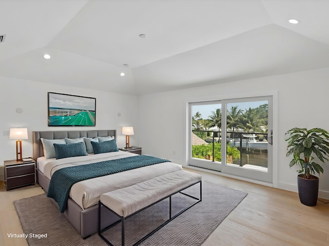 8 Leeward Cir, Tequesta, FL 33469 - bedroom with lofted ceiling, access to outside, recessed lighting, and light wood-style floors