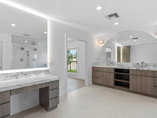 8 Leeward Cir, Tequesta, FL 33469 - bathroom with a shower stall, recessed lighting, vanity, and baseboards