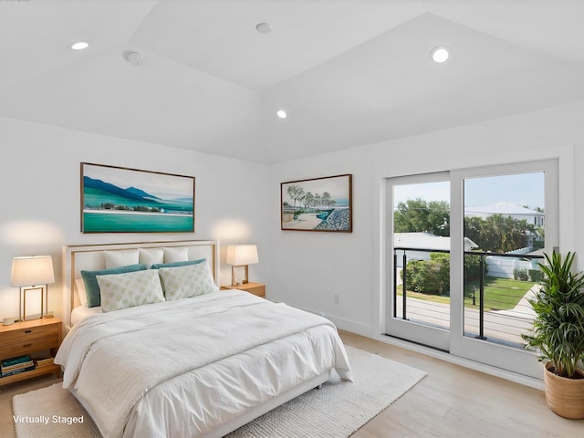 8 Leeward Cir, Tequesta, FL 33469 - bedroom with access to exterior, light wood-type flooring, lofted ceiling, baseboards, and recessed lighting
