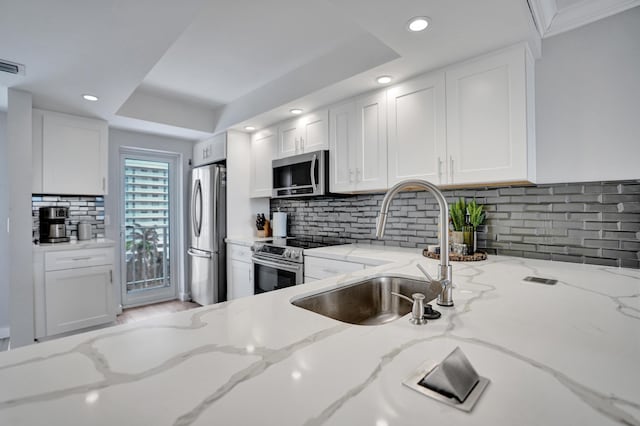 3100 S Ocean Blvd Unit 620, Highland Beach, FL 33487 - kitchen featuring appliances with stainless steel finishes, a sink, recessed lighting, white cabinets, and decorative backsplash